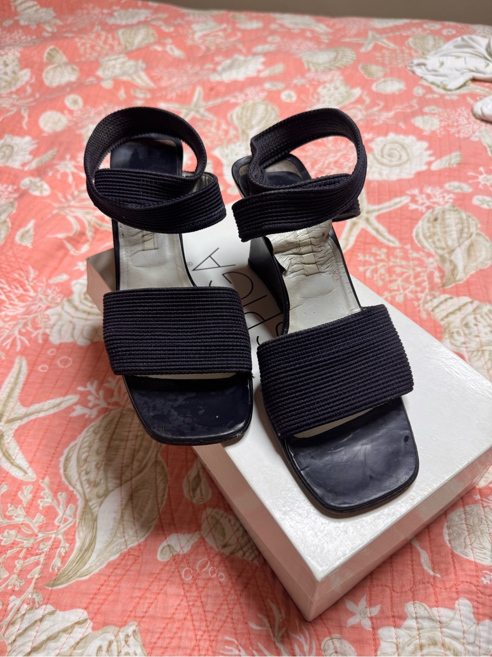 Via Spiga Black Ribbed Elastic Strap Block Heel Sandals